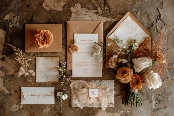 Faire-part de mariage au style champêtre avec décoration naturelle et rustique.