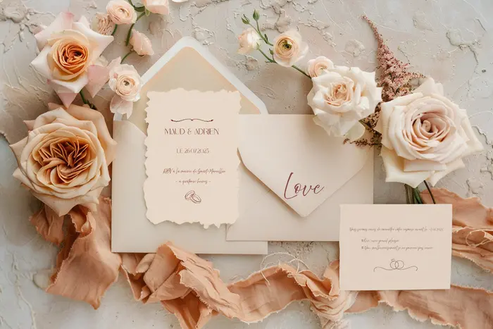 Faire-part de mariage décoré de motifs floraux aux couleurs pâles et délicates.