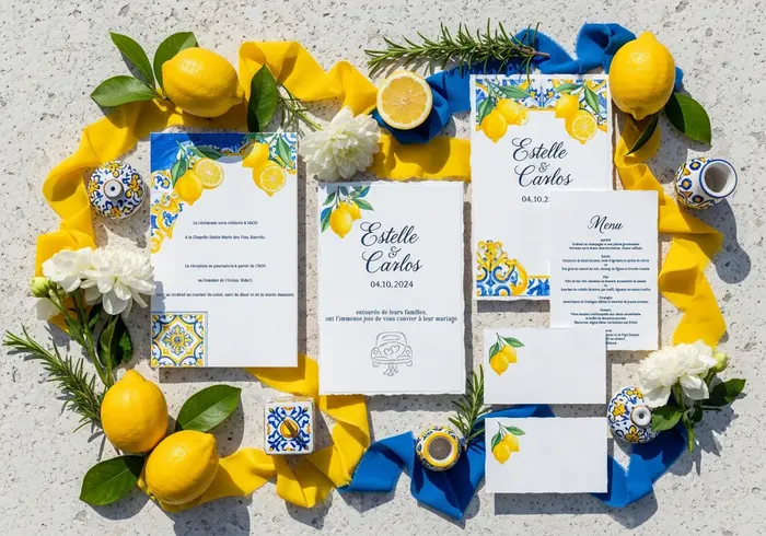 Faire-part de mariage décoré de citrons et de fleurs dans un style méditerranéen élégant.