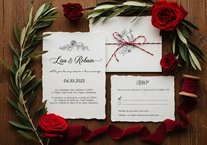 Faire-part de mariage romantique décoré de roses rouges et de feuillage vert.